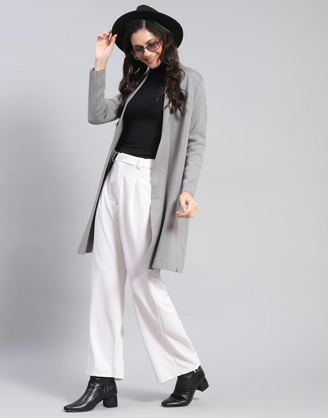 Women Grey Self Design Front Open Full Sleeve Cardigan