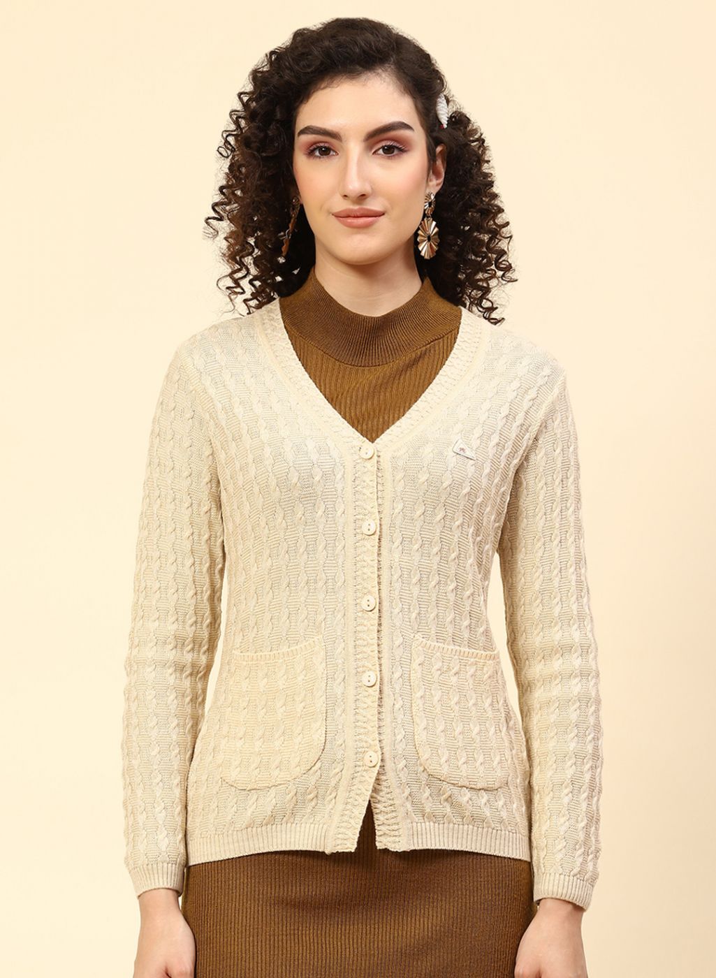 Women Beige Self Design Wool blend Cardigan