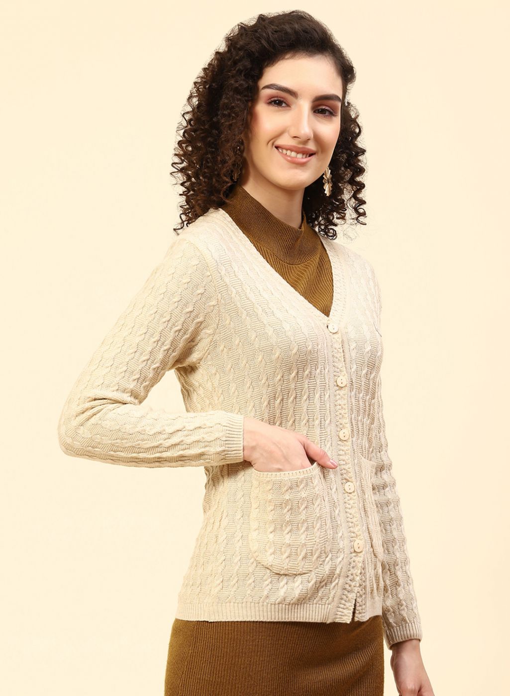 Women Beige Self Design Wool blend Cardigan