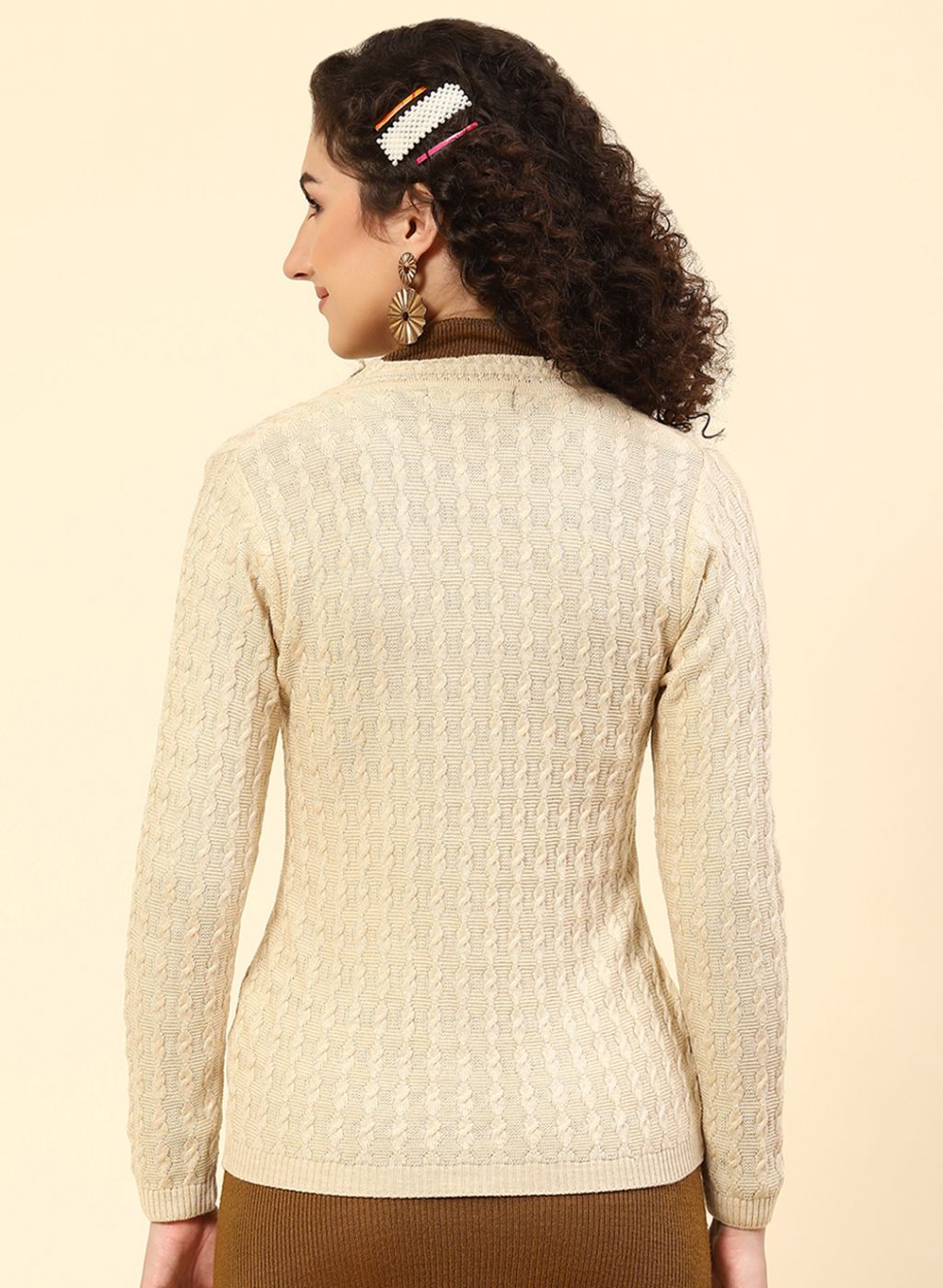 Women Beige Self Design Wool blend Cardigan