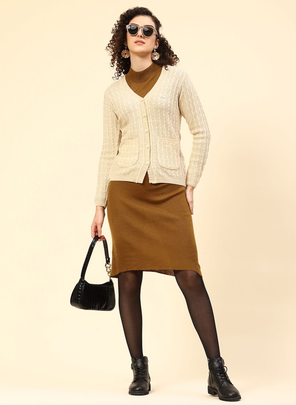 Women Beige Self Design Wool blend Cardigan