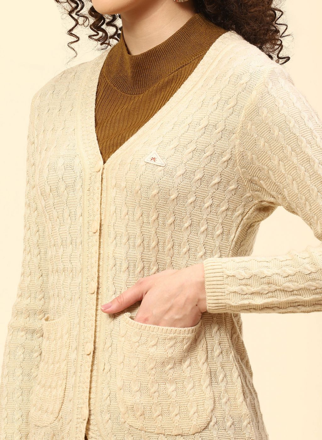 Women Beige Self Design Wool blend Cardigan