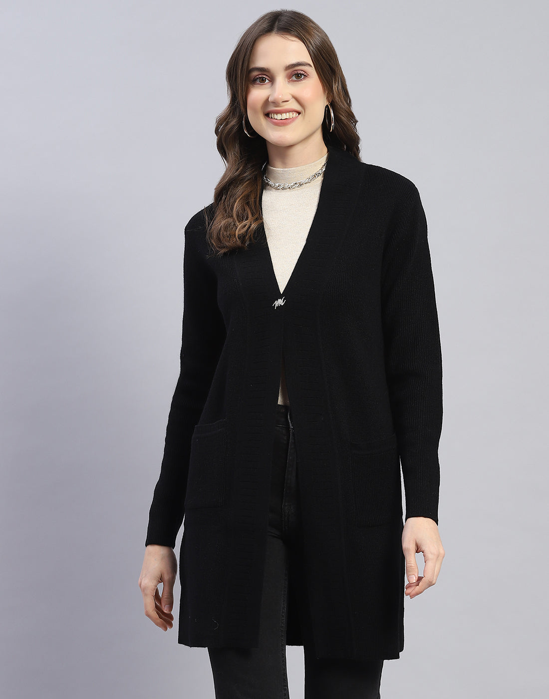 Women Black Self Design V Neck Full Sleeve Cardigan