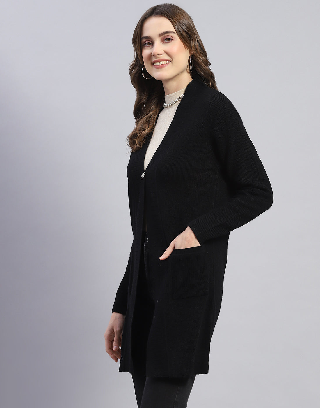 Women Black Self Design V Neck Full Sleeve Cardigan