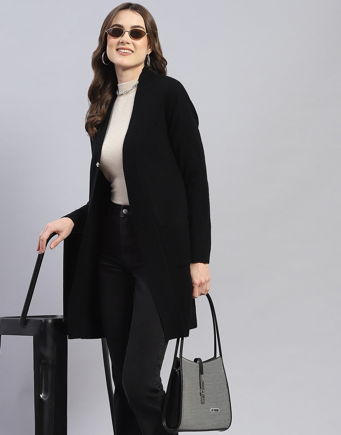 Women Black Self Design V Neck Full Sleeve Cardigan