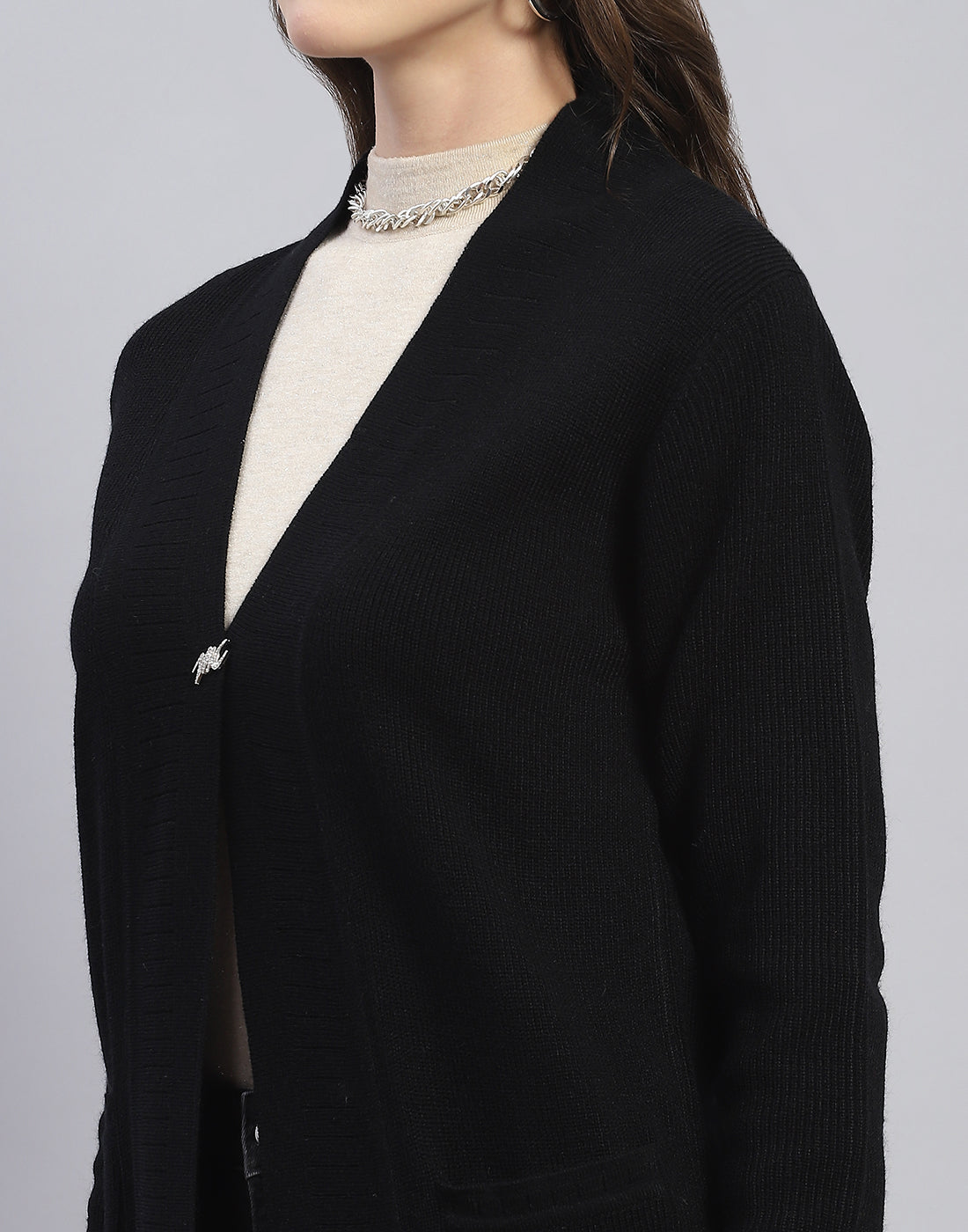 Women Black Self Design V Neck Full Sleeve Cardigan