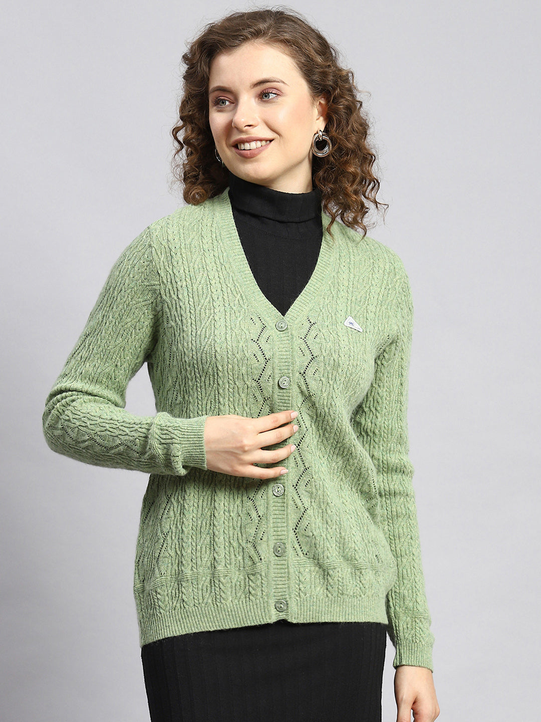 Women Green Self Cardigan