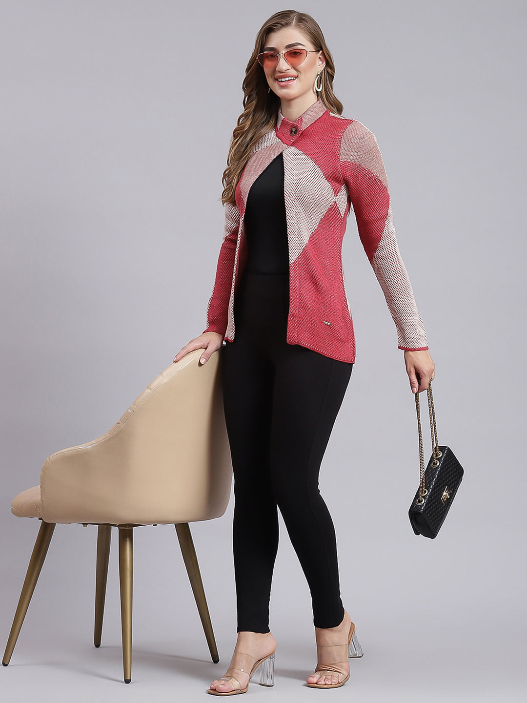 Women Red Jaquard Wool blend Cardigan