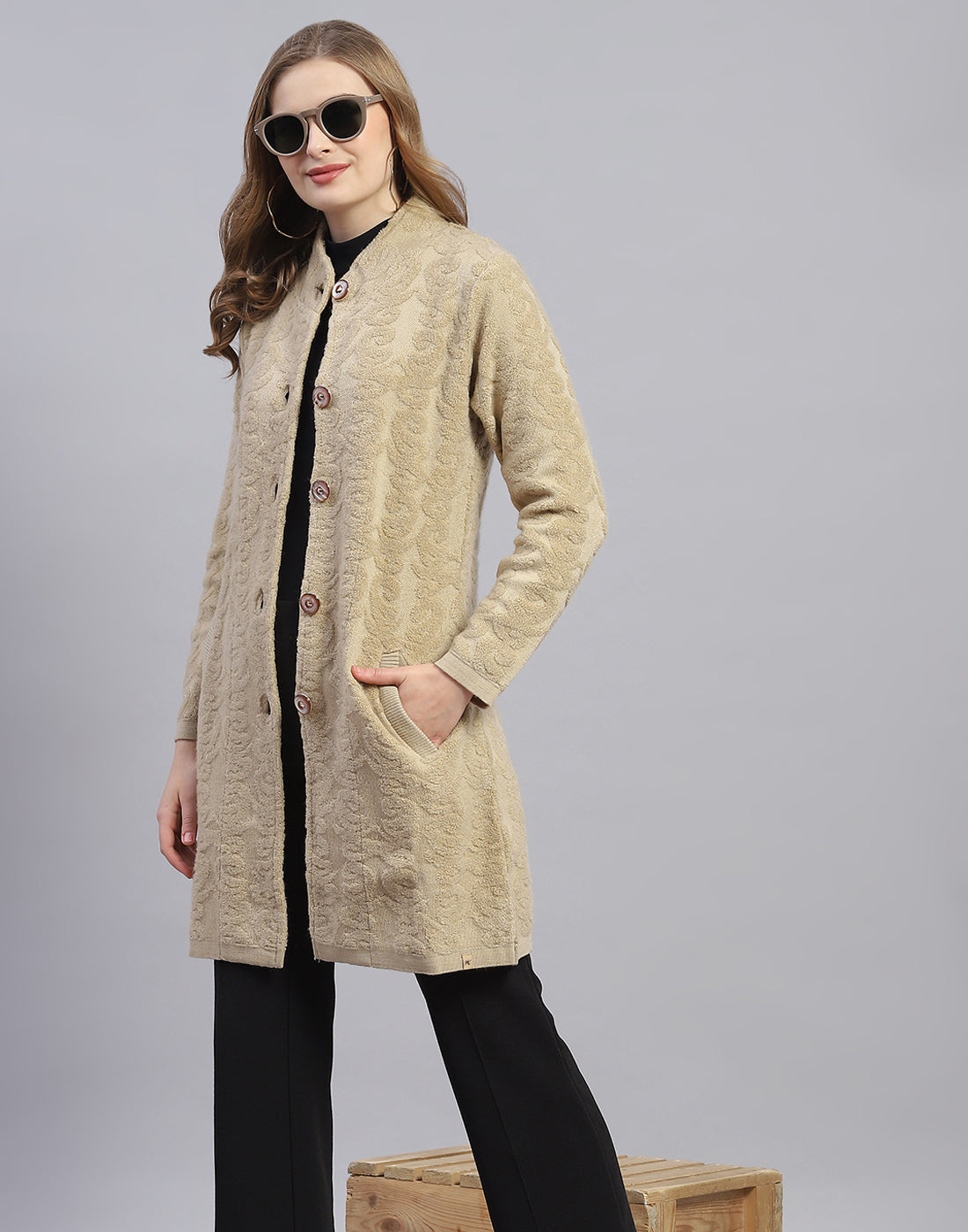 Women Camel Brown Printed Round Neck Full Sleeve Coat