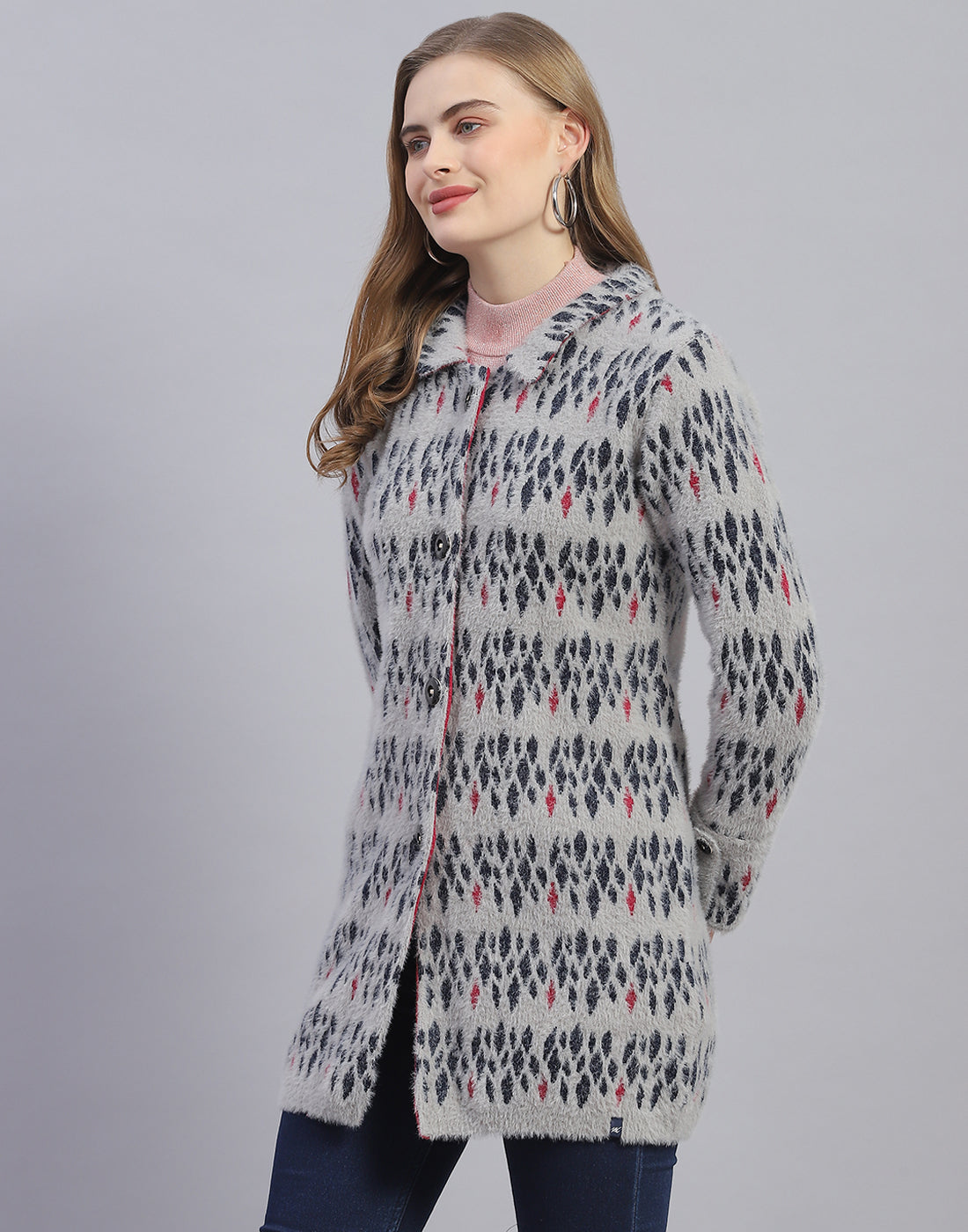Women Grey Jaquard Collar Full Sleeve Coat