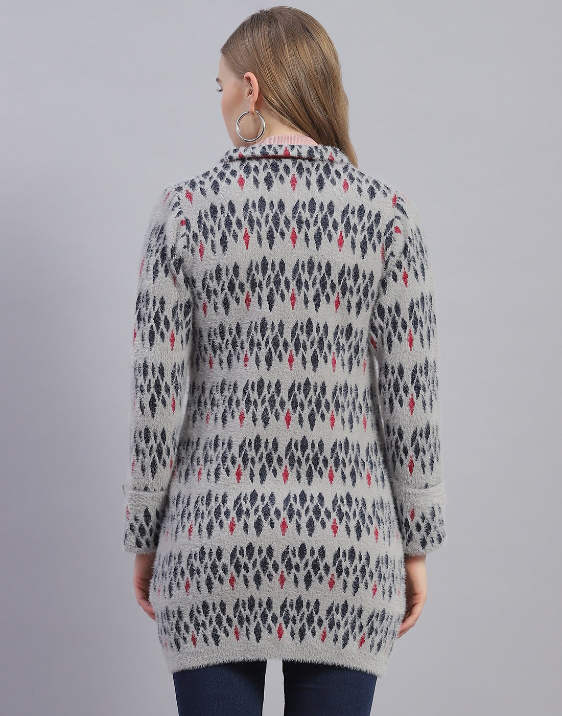 Women Grey Jaquard Collar Full Sleeve Coat