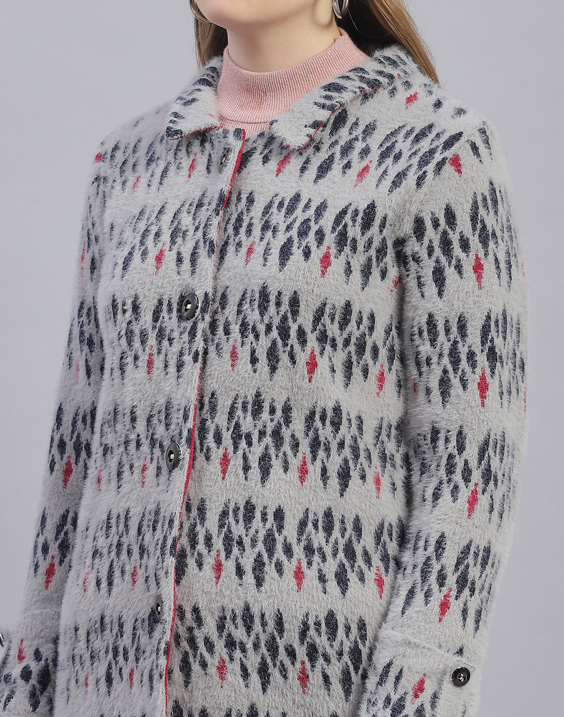 Women Grey Jaquard Collar Full Sleeve Coat