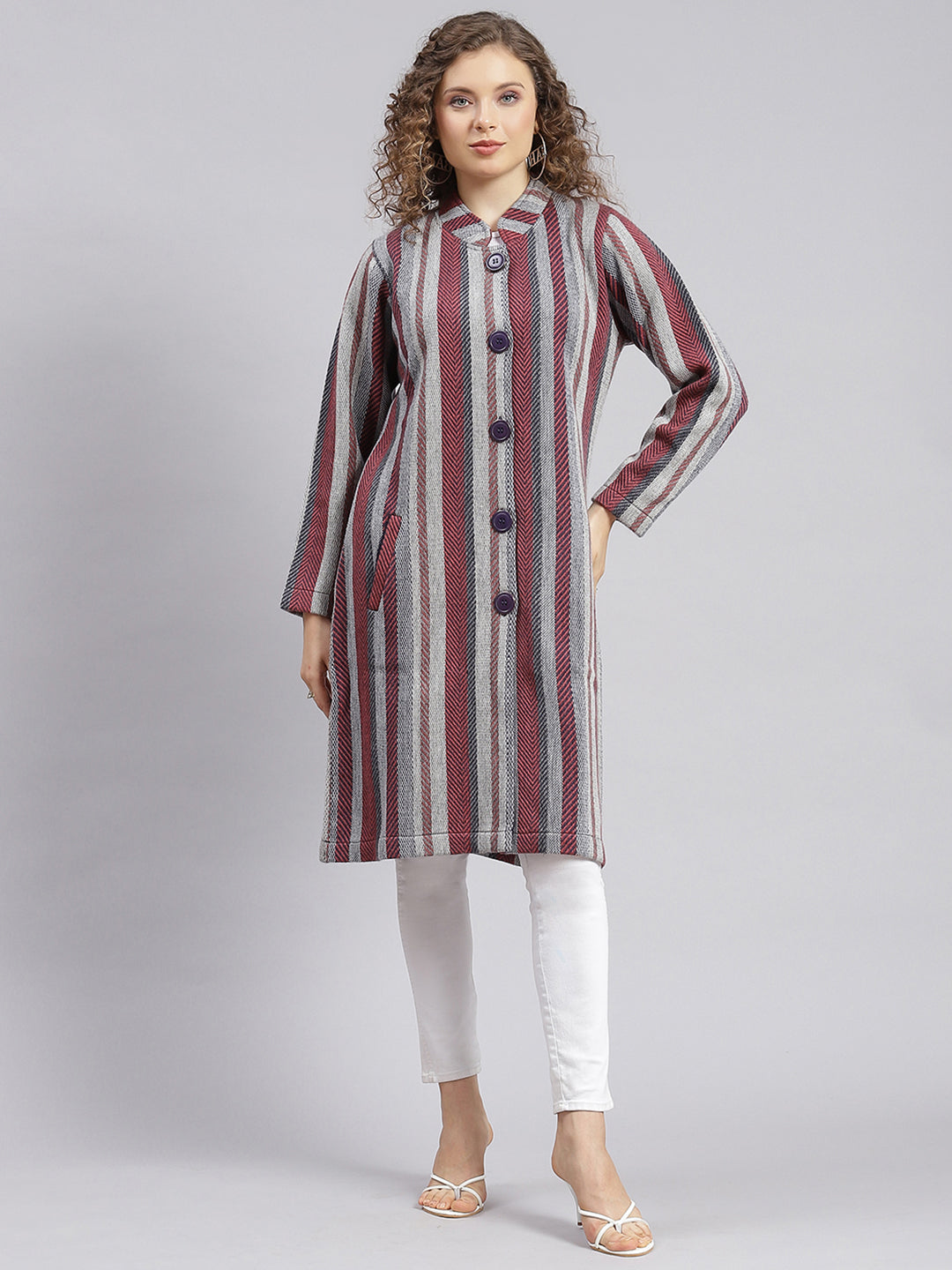 Women Multicolor Self Design Wool blend Knitted Coat