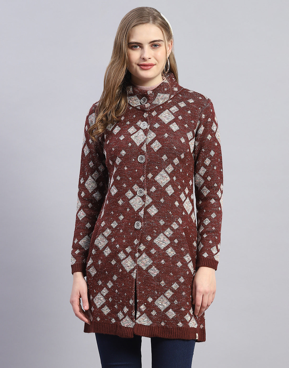 Women Maroon Jaquard Round Neck Full Sleeve Coat