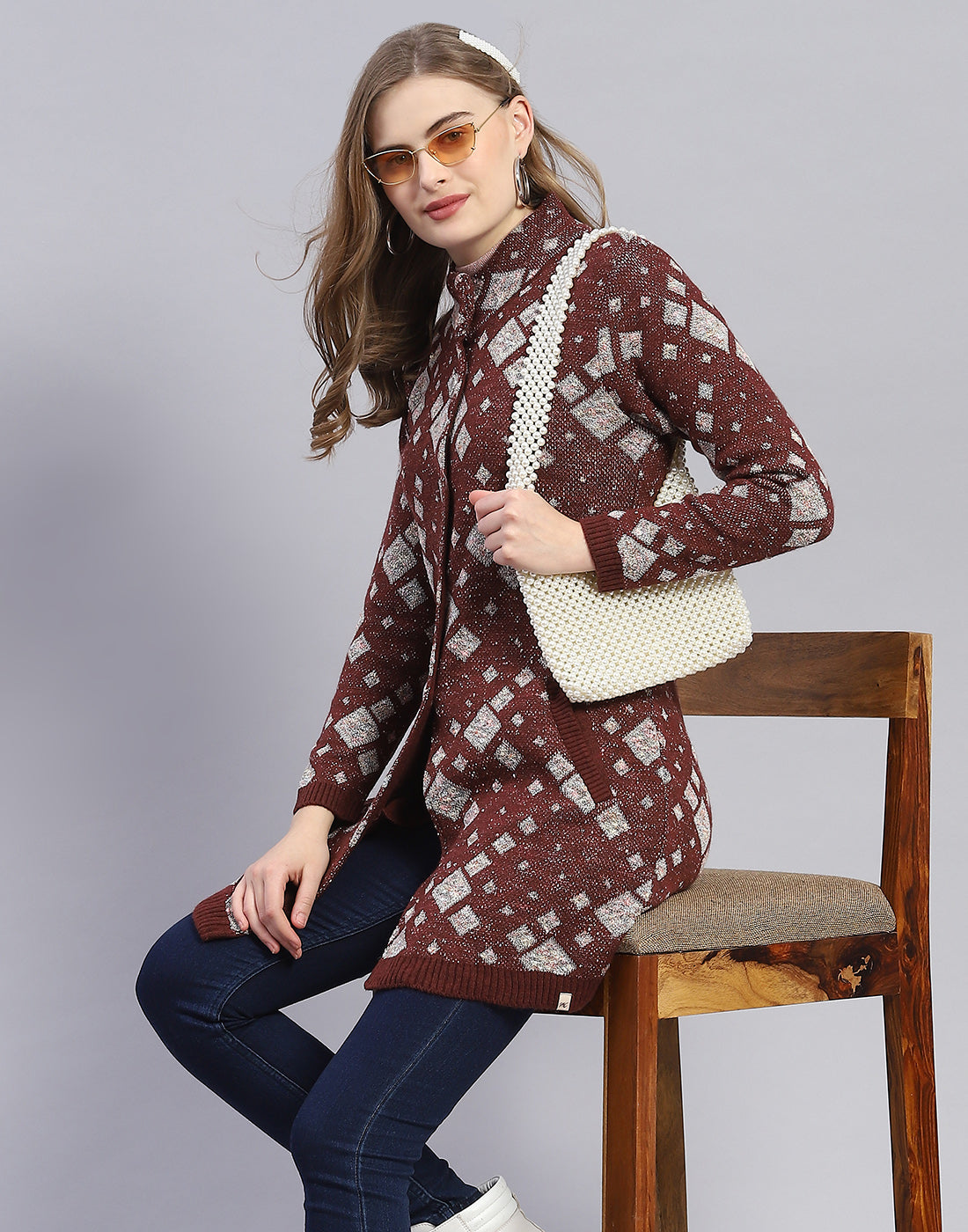 Women Maroon Jaquard Round Neck Full Sleeve Coat