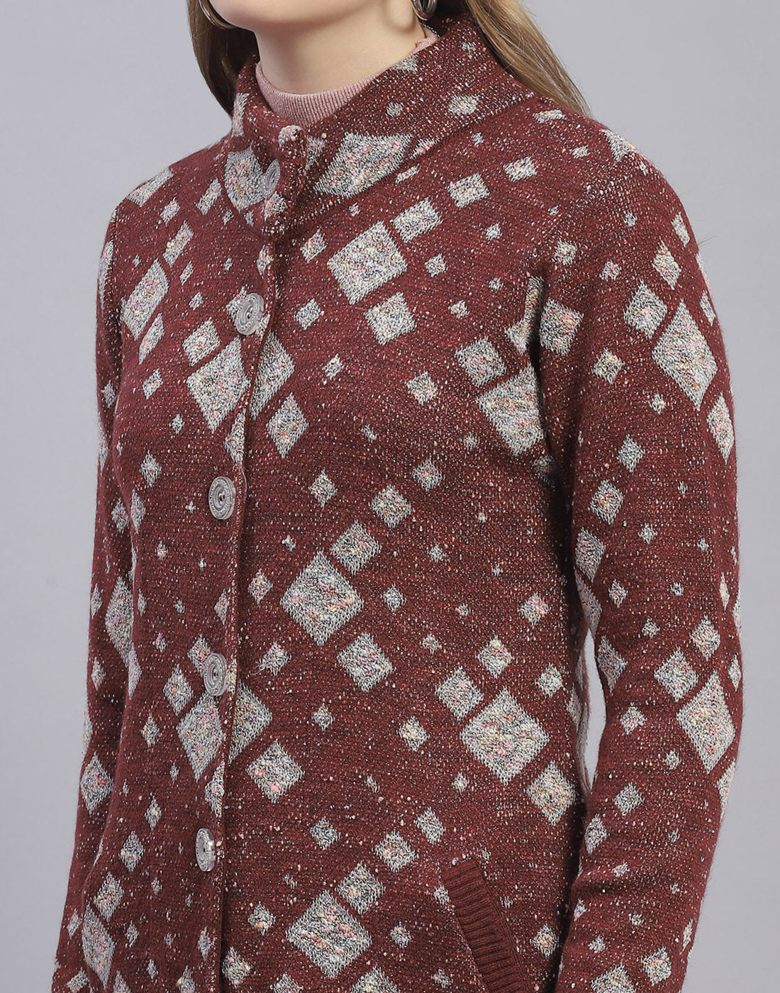 Women Maroon Jaquard Round Neck Full Sleeve Coat