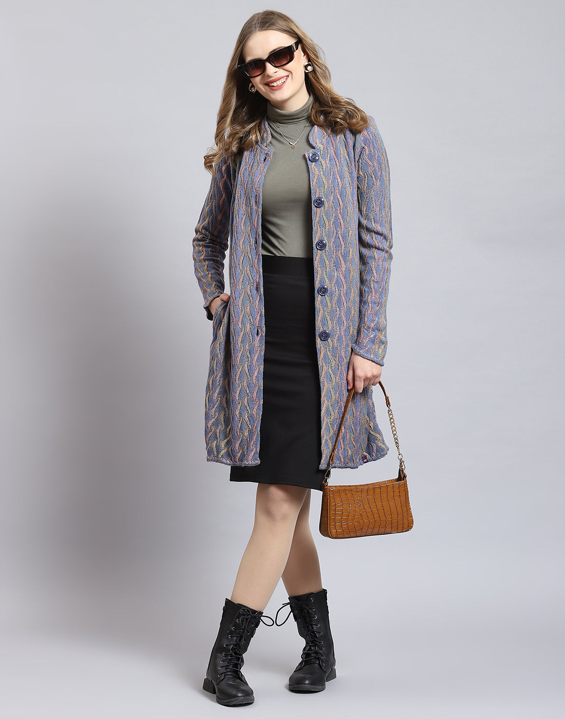 Women Purple Self Design Round Neck Full Sleeve Coat