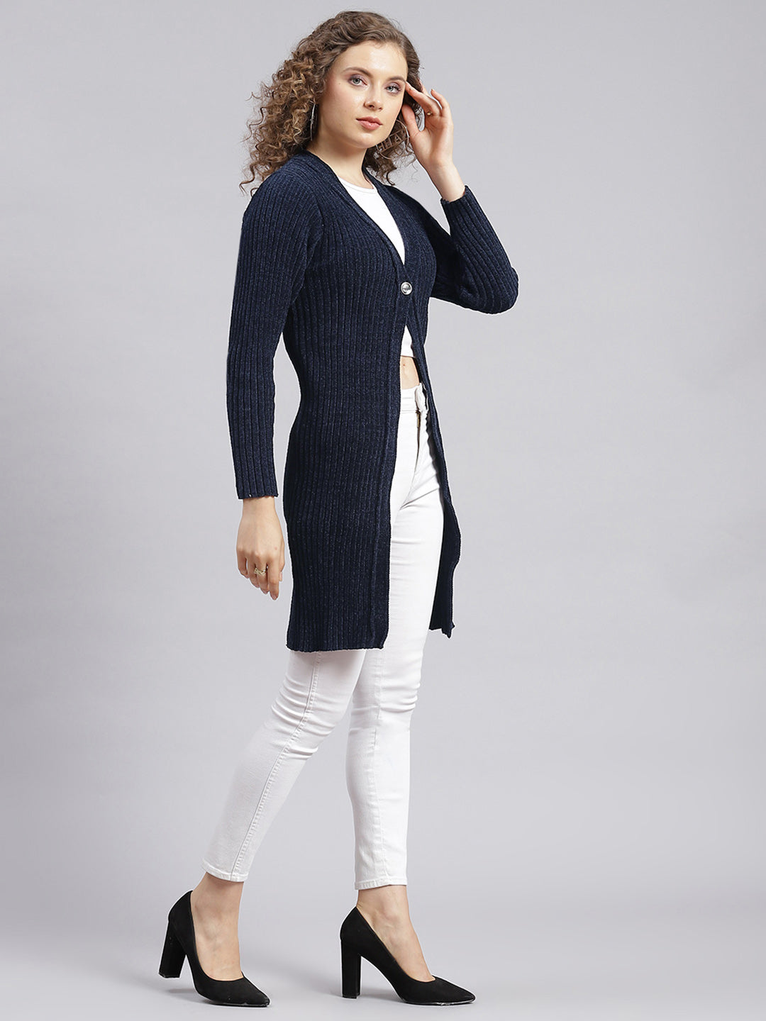 Women Navy Blue Self Design Wool blend Cardigan