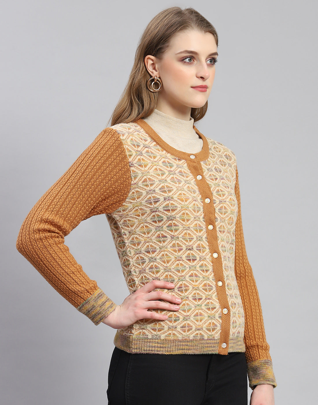 Women Rust Self Design Round Neck Full Sleeve Cardigan