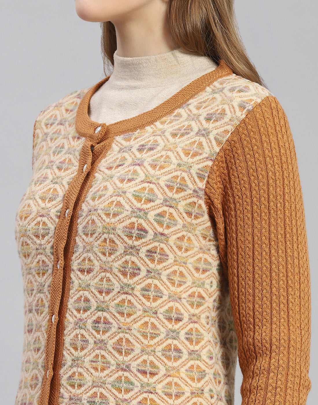 Women Rust Self Design Round Neck Full Sleeve Cardigan
