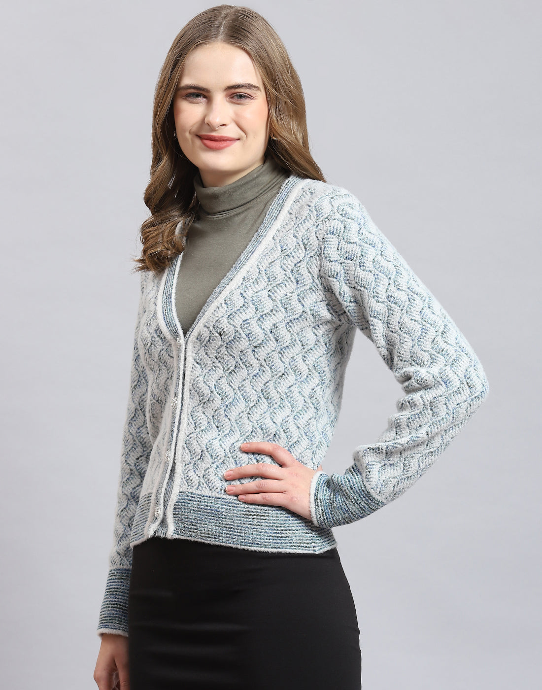 Women Blue Self Design V Neck Full Sleeve Cardigan