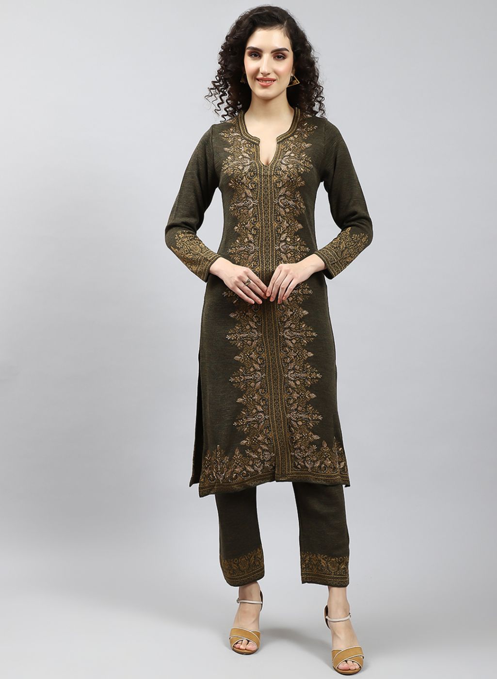 Women Green Self Design Kurti+Lower Set for Winter