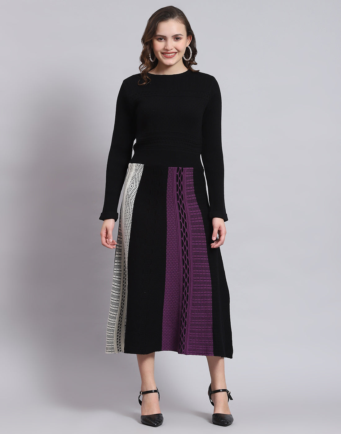 Women Black Self Design Round Neck Full Sleeve Dress
