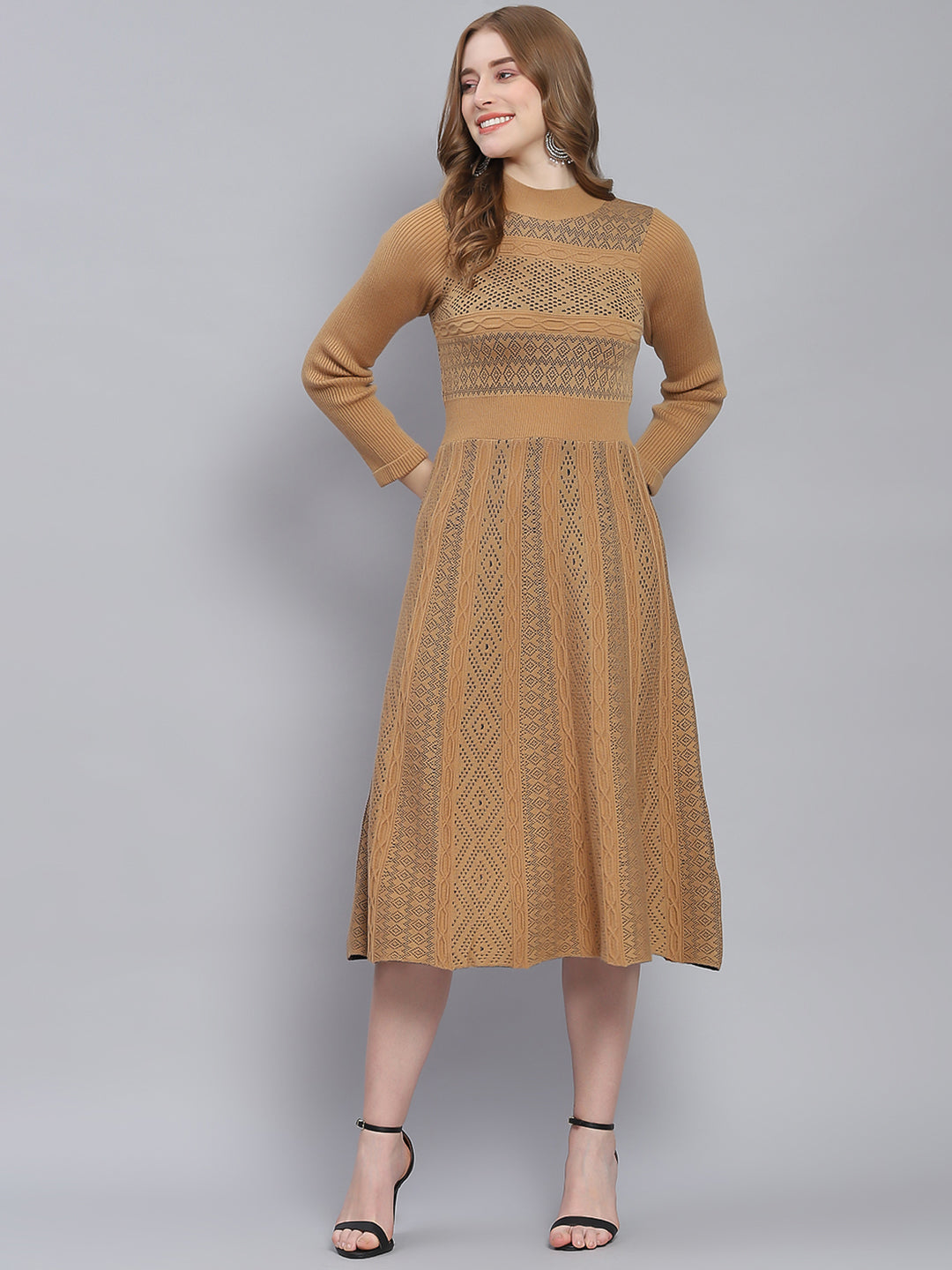 Women Brown Self Design T Neck 3/4 Sleeve Dresses