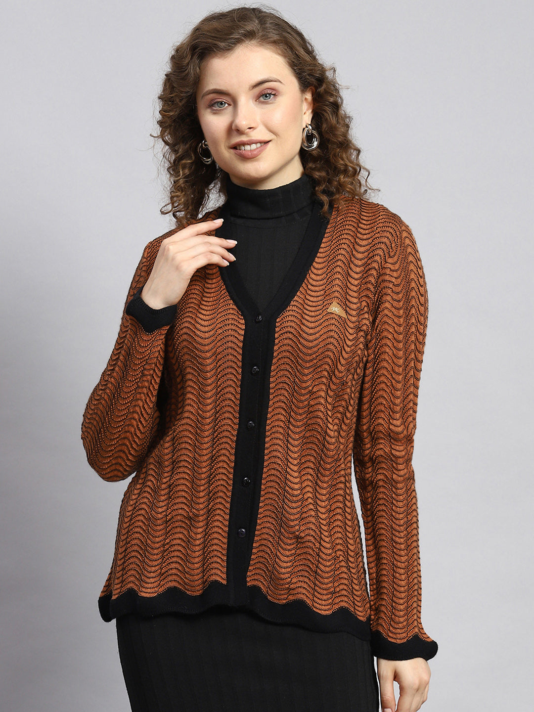 Women Brown Jaquard Cardigan