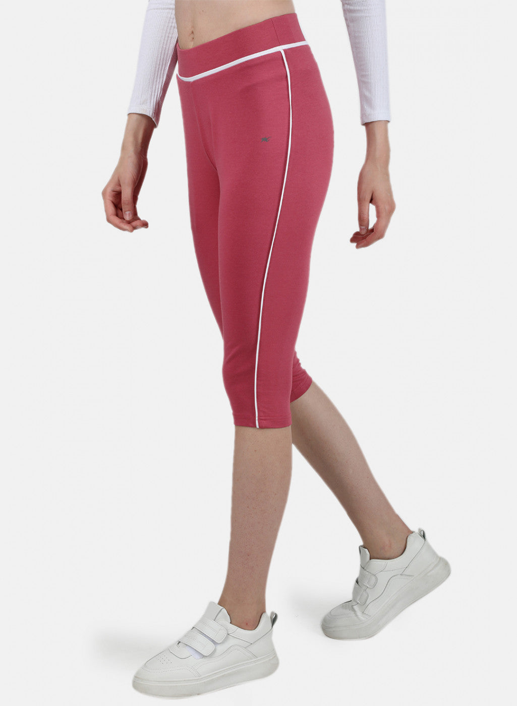 Womens Dark Pink & White Plain Capri