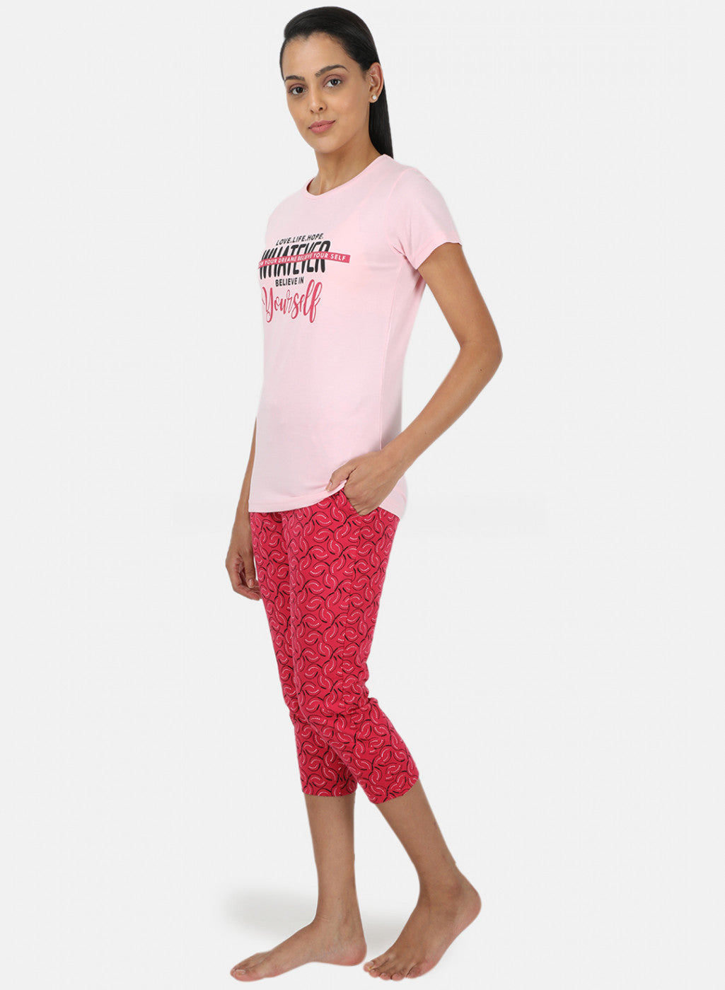 Womens Pink Printed Capri Set