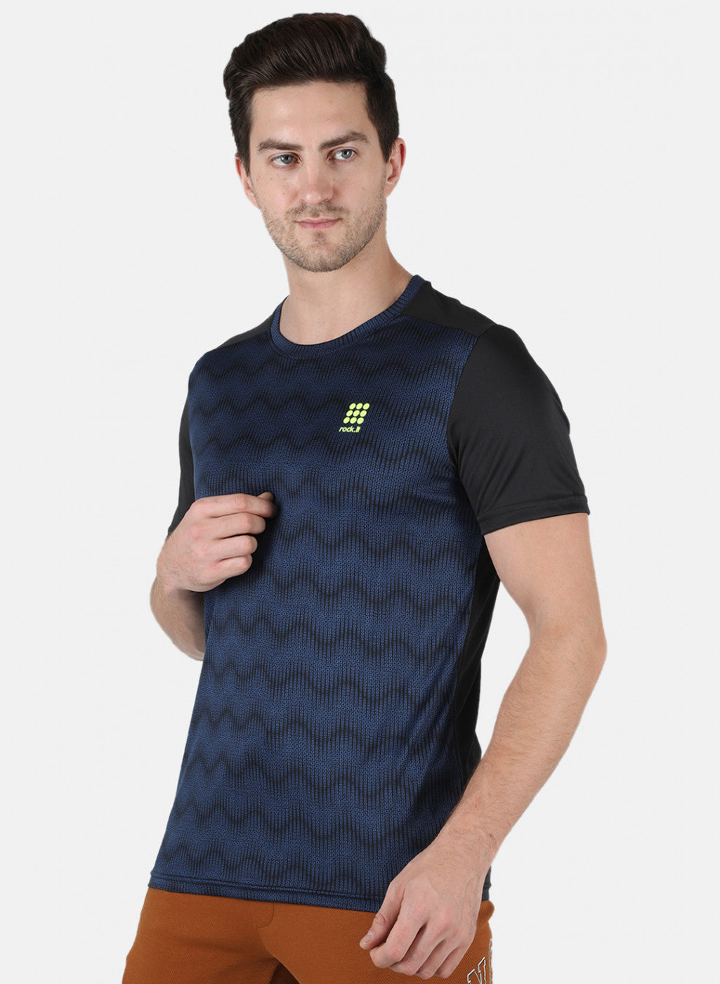 Men NAvy Blue Self Design Round Neck T-Shirt