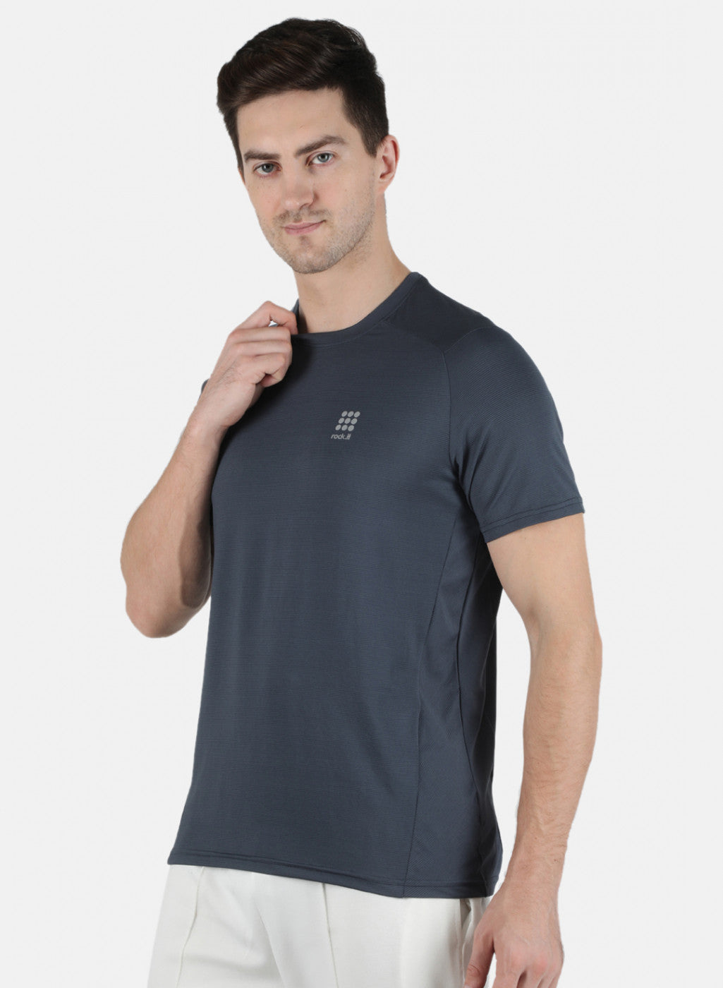 Men Grey Self Design Round Neck T-Shirt