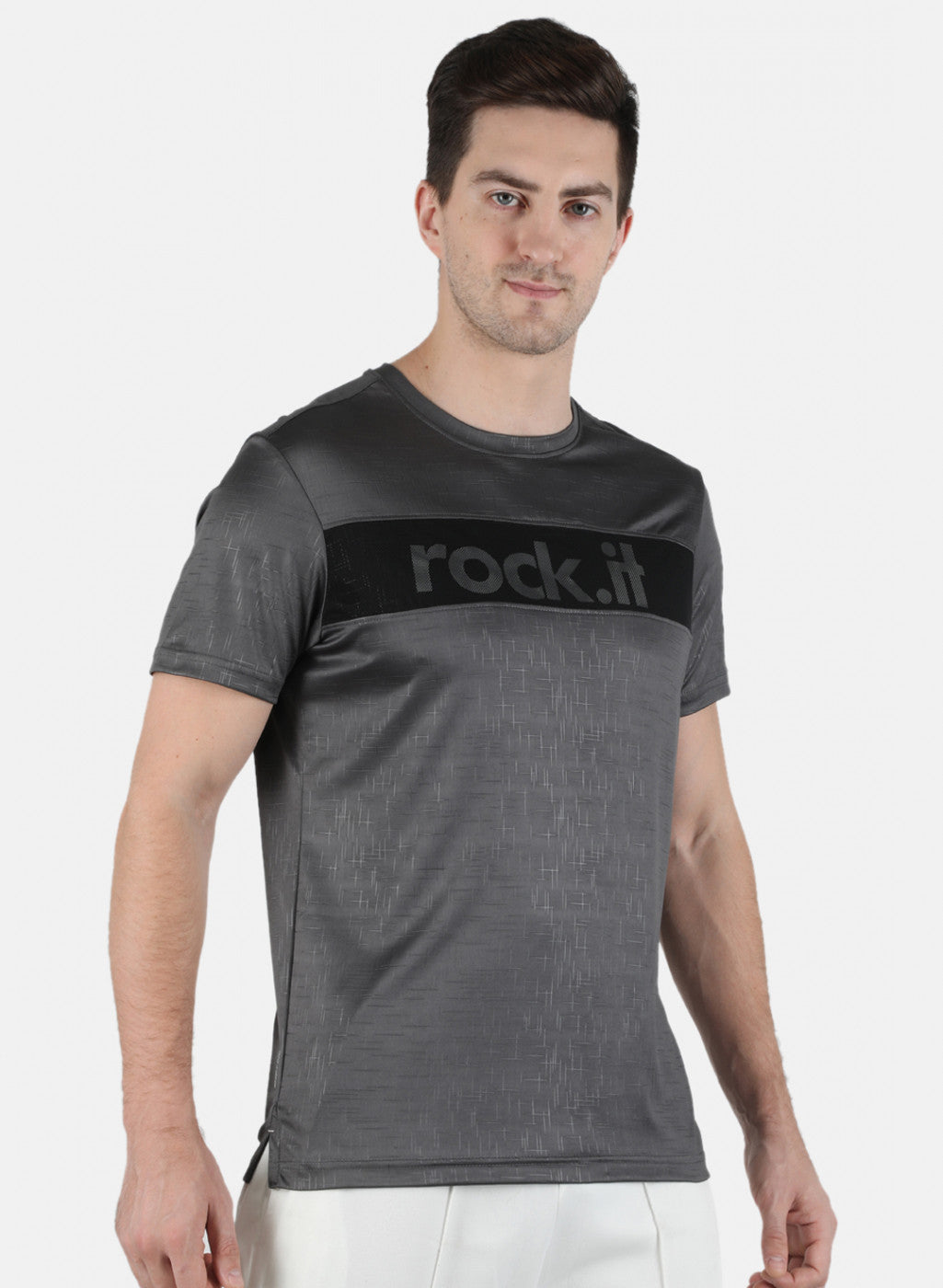 Men Grey Printed Round Neck T-Shirt