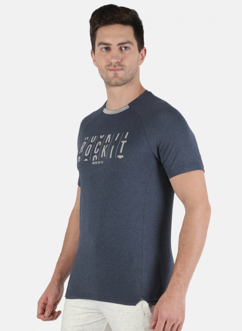 Men NAvy Blue Self Design Round Neck T-Shirt