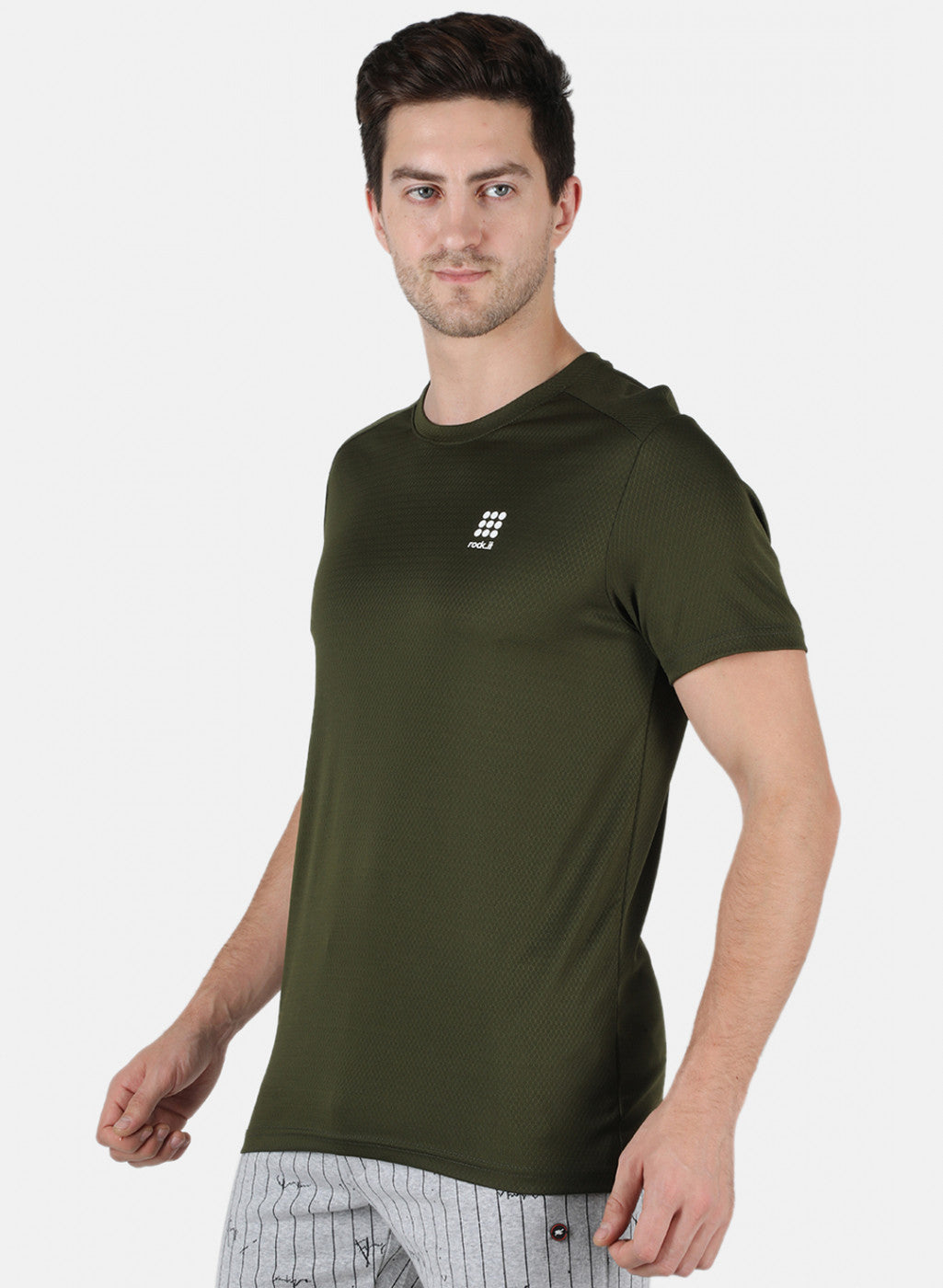 Men Olive Self Design Round Neck T-Shirt