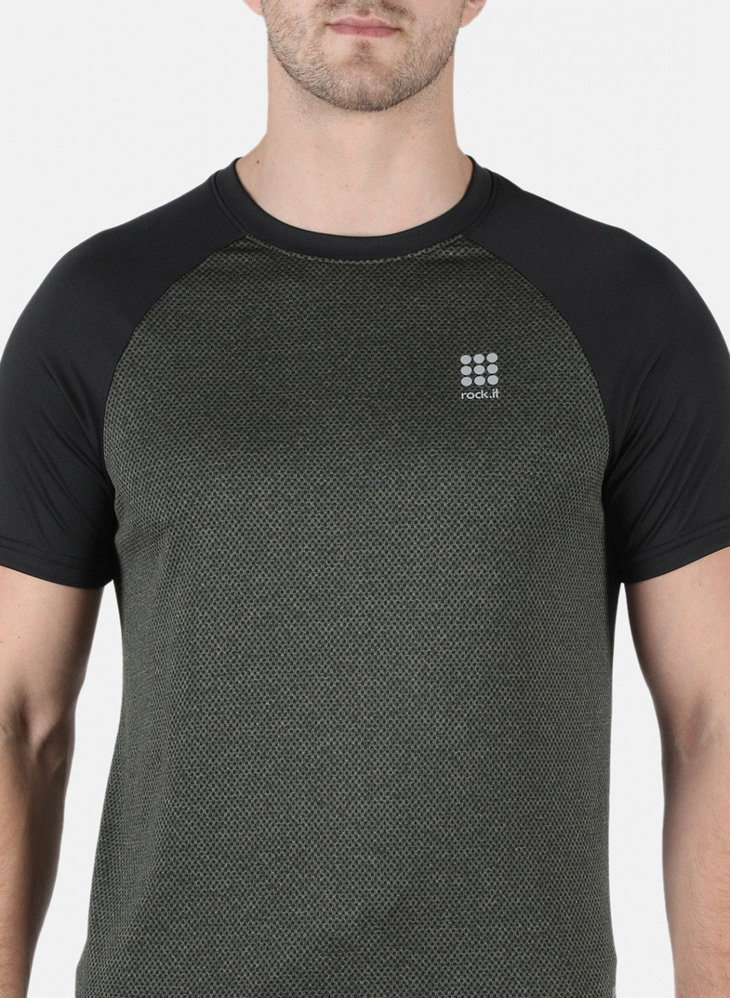 Men Olive Self Design Round Neck T-Shirt