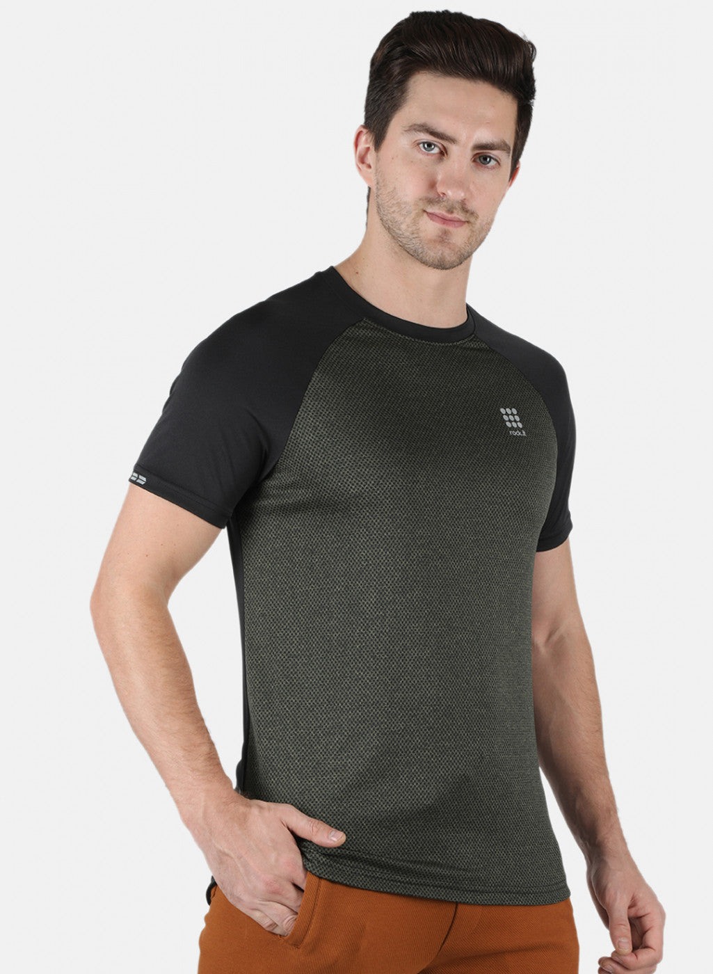 Men Olive Self Design Round Neck T-Shirt