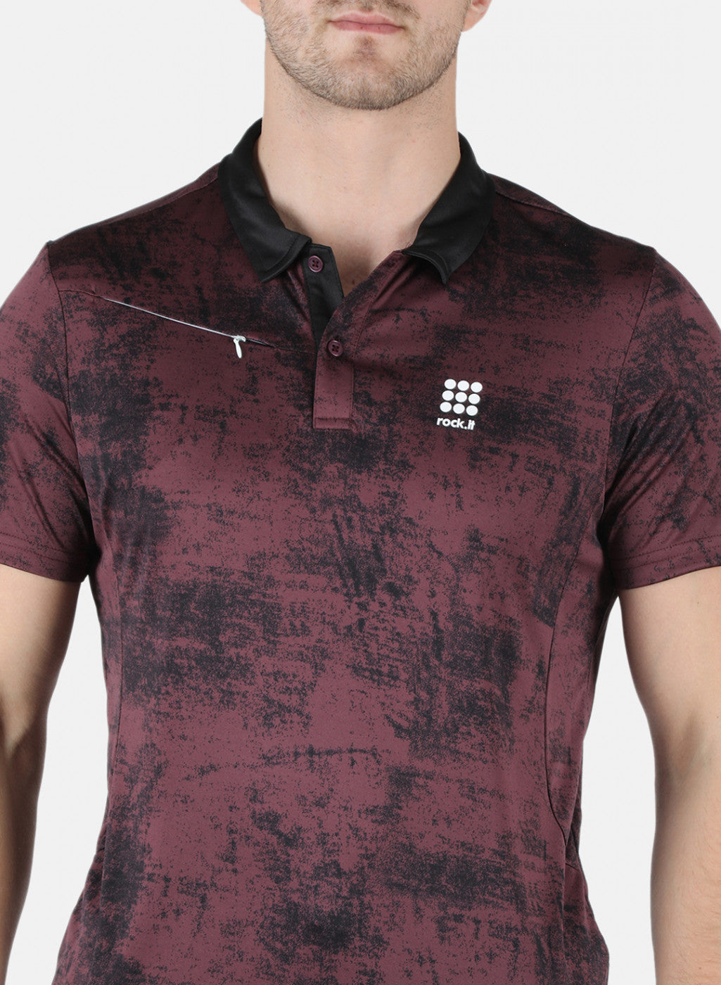 Men Maroon Self Design Collar T-Shirt