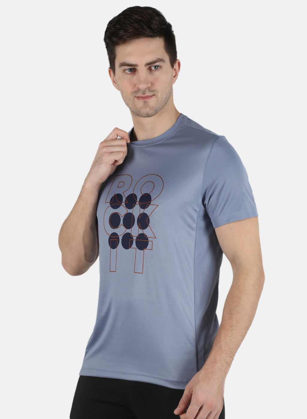 Men Aqua Blue Self Design Round Neck T-Shirt