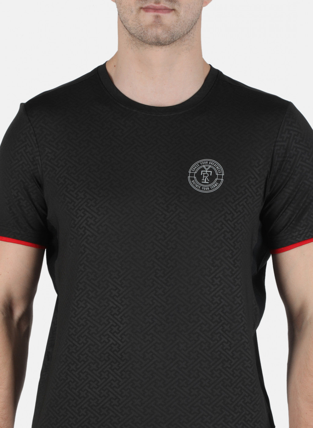 Men Black Self Design Round Neck T-Shirt