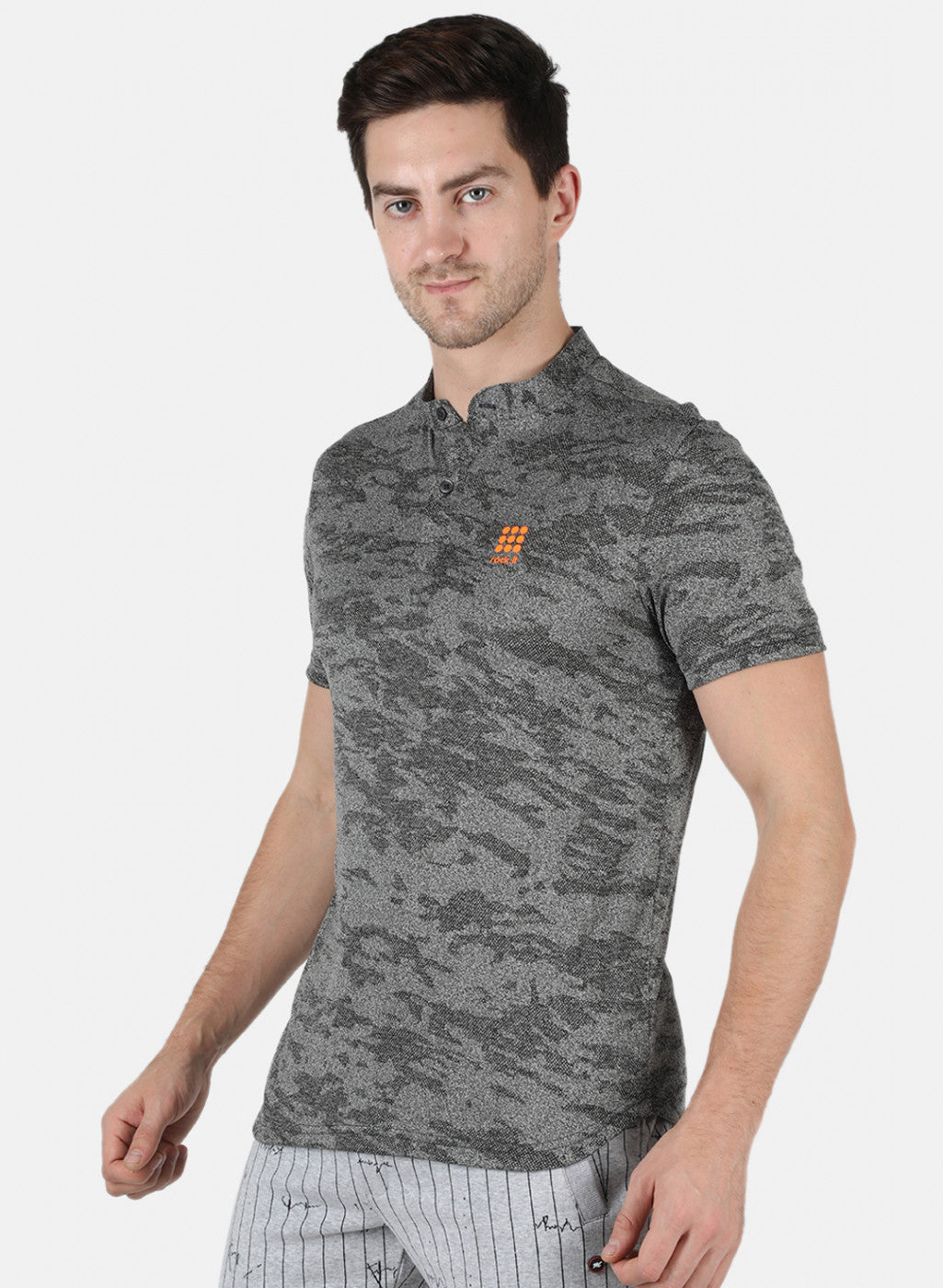 Men Grey Self Design Collar T-Shirt