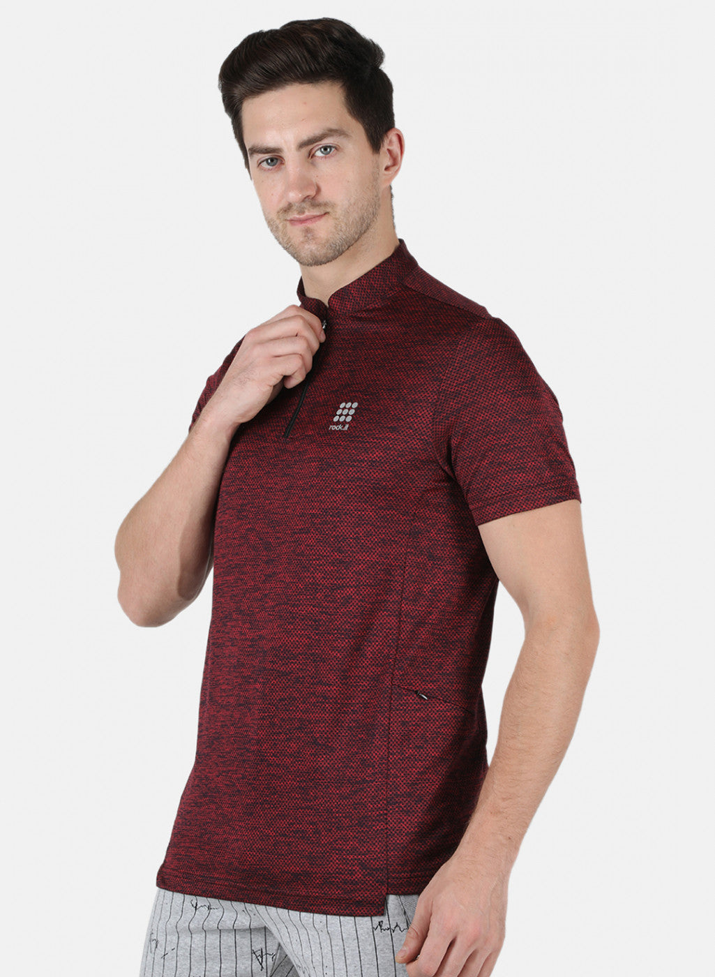 Men Maroon Self Design Collar T-Shirt