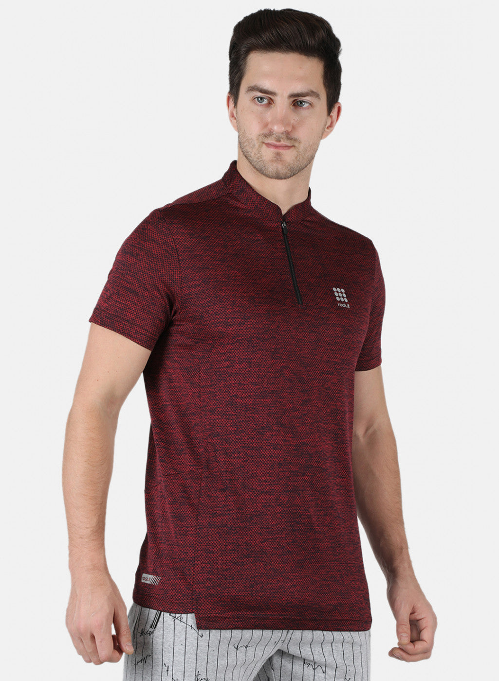 Men Maroon Self Design Collar T-Shirt