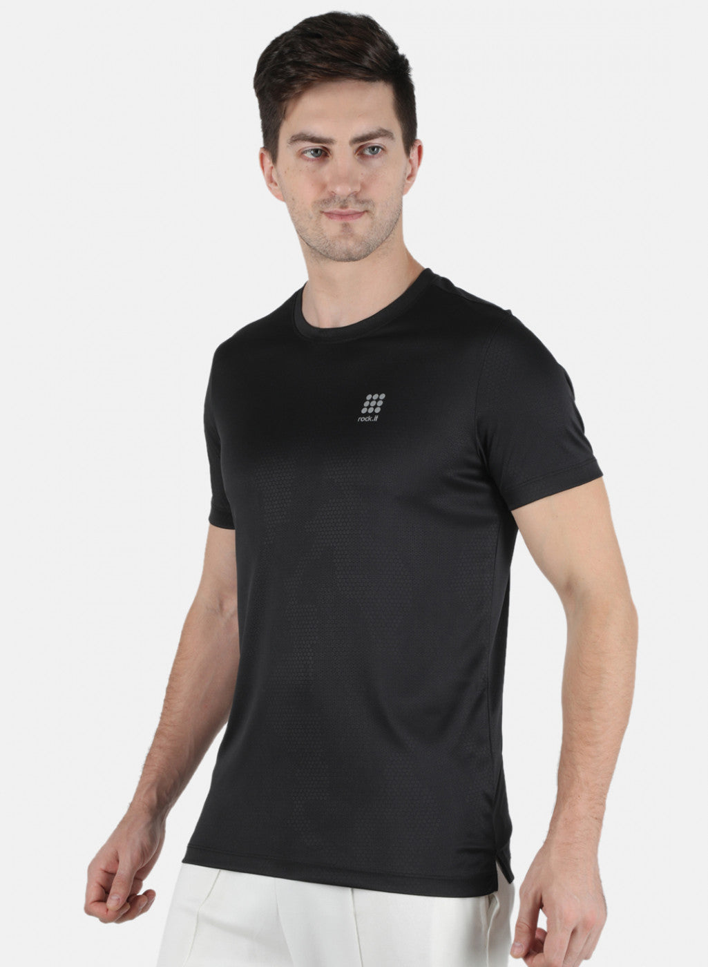 Men Black Self Design Round Neck T-Shirt