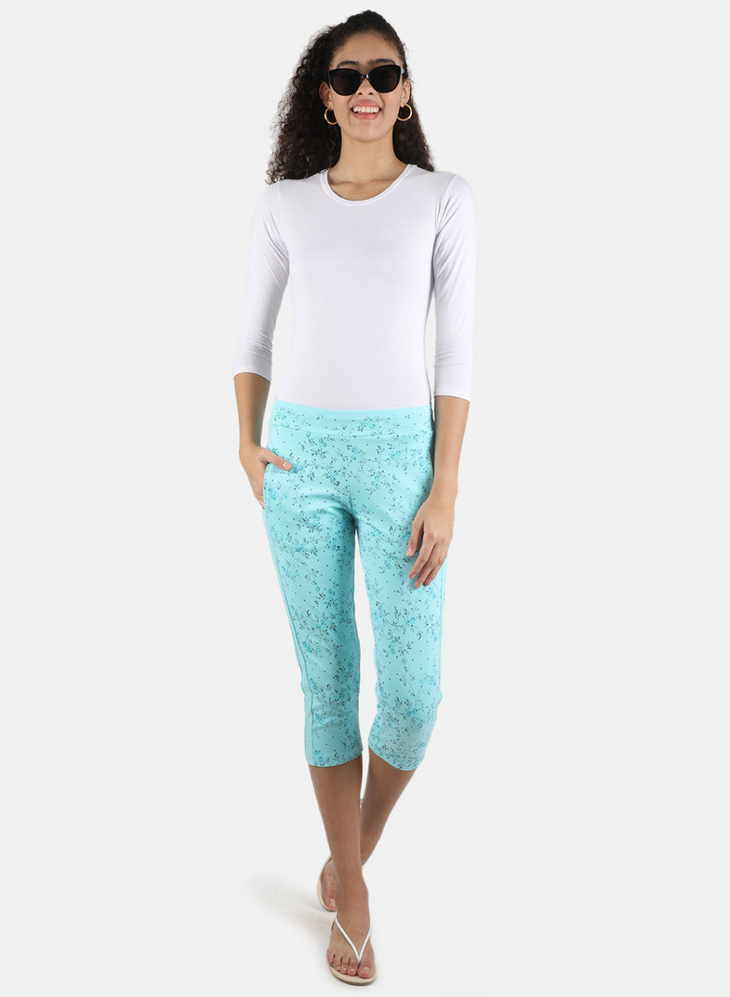 Women Aqua Blue Printed Capri