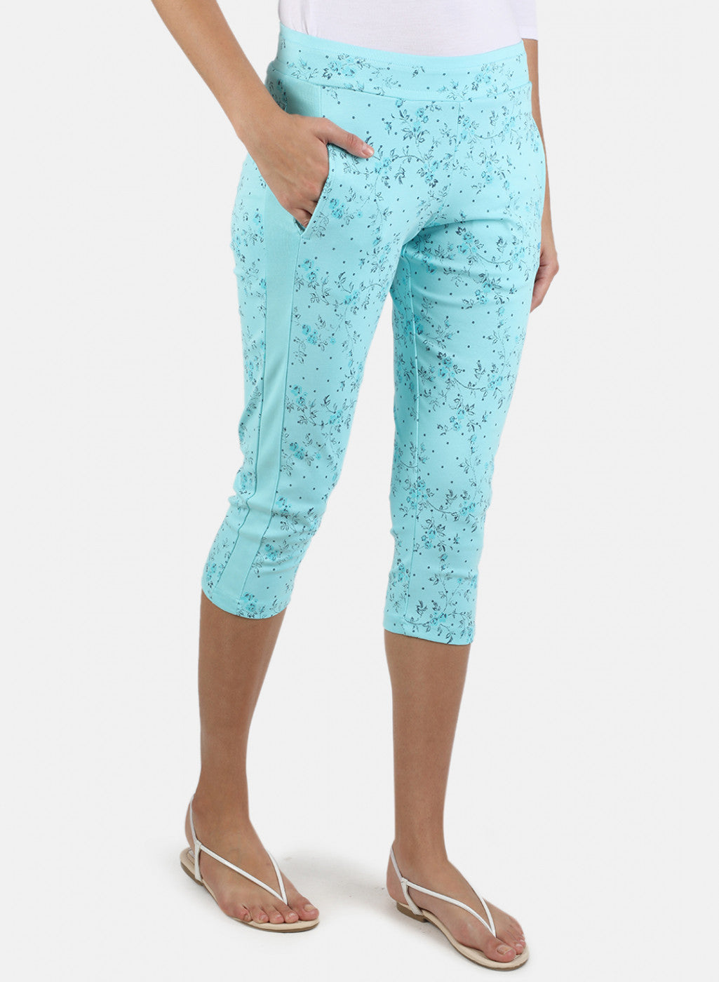 Women Aqua Blue Printed Capri