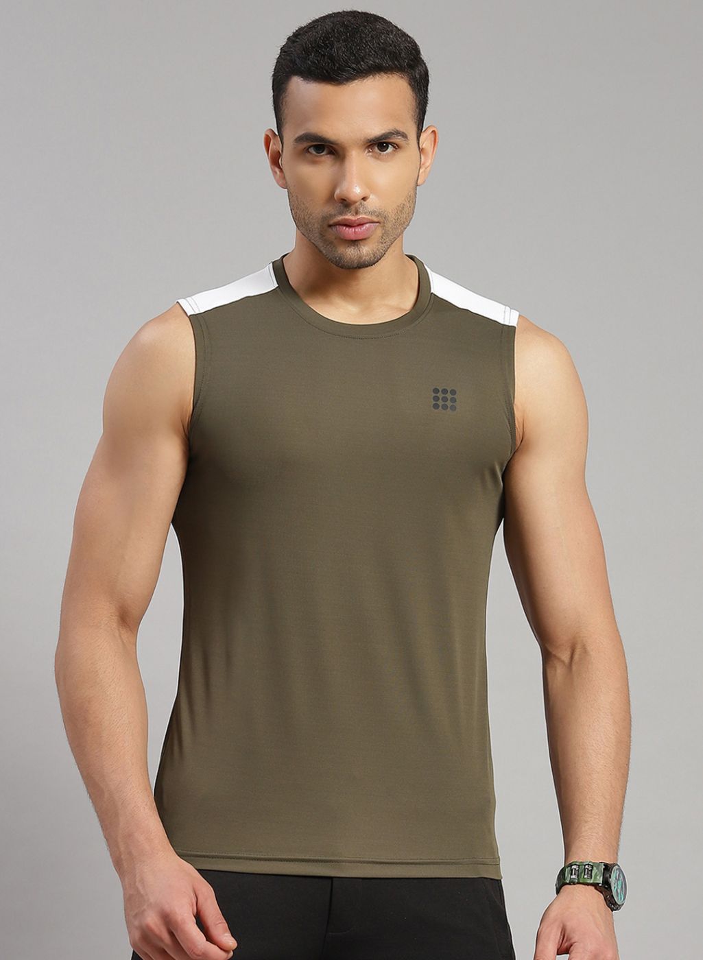 Men Olive Sleeveless T-Shirt