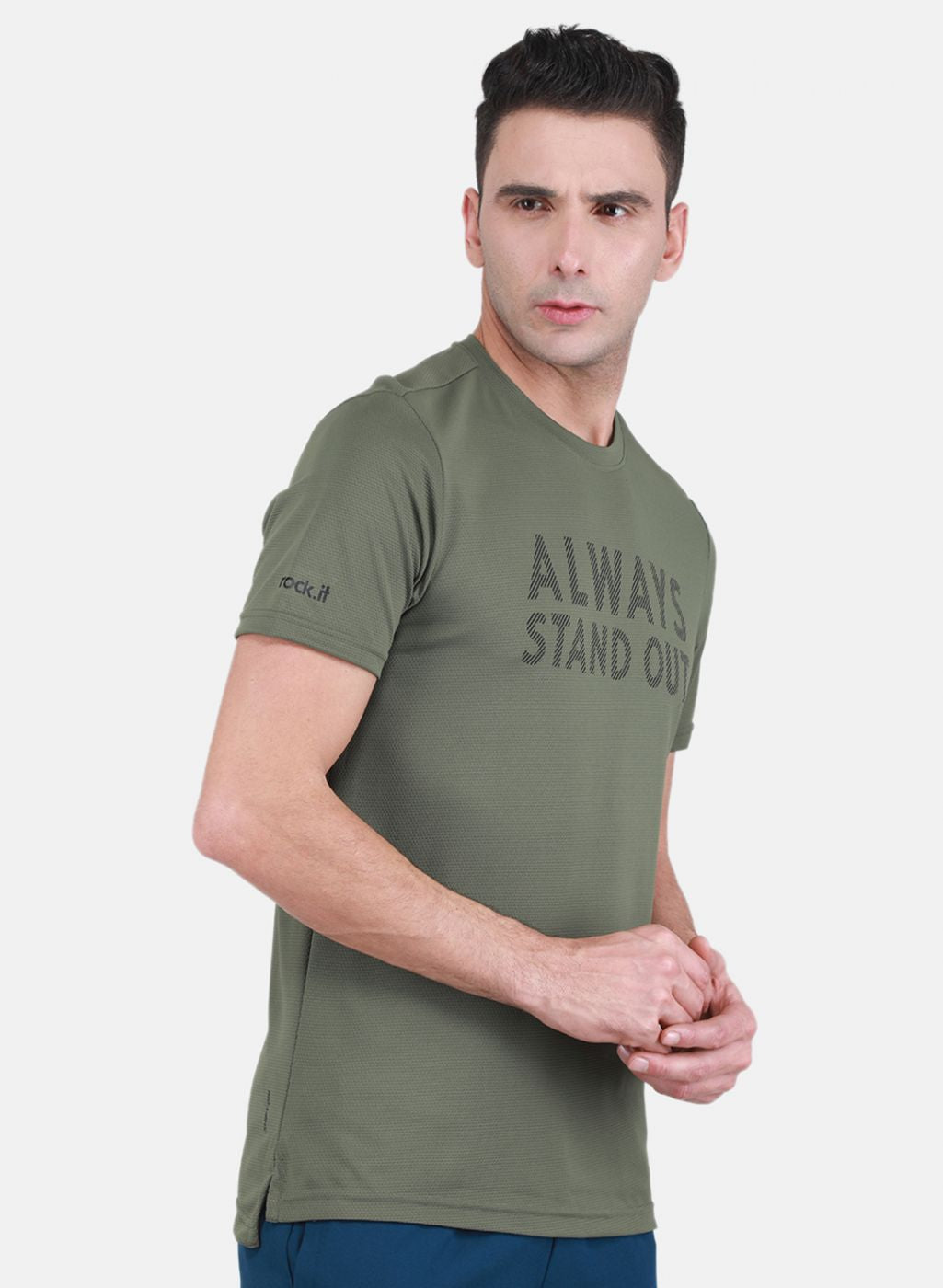 Rock-it Men Olive Self Design T-Shirt