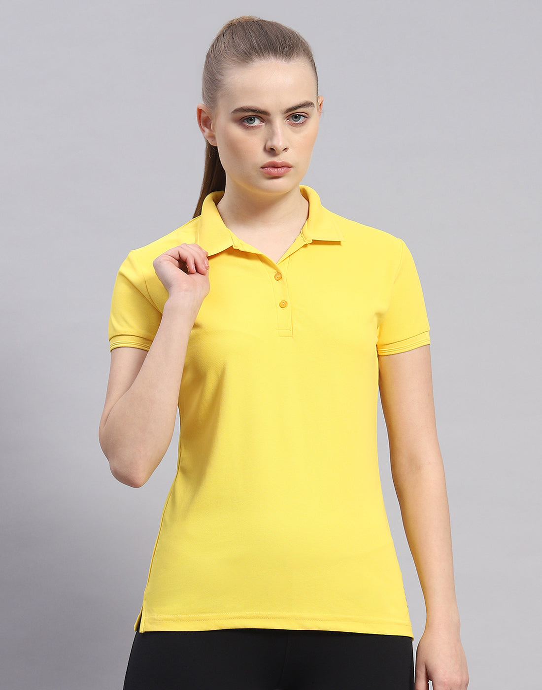 Women Yellow Solid Polo Collar Half Sleeve T-Shirt